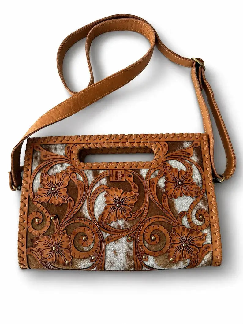 Boho Ranch Shop - Ericka Clutch -  Genuine Leather & Hair-on Cowhide - TAN
