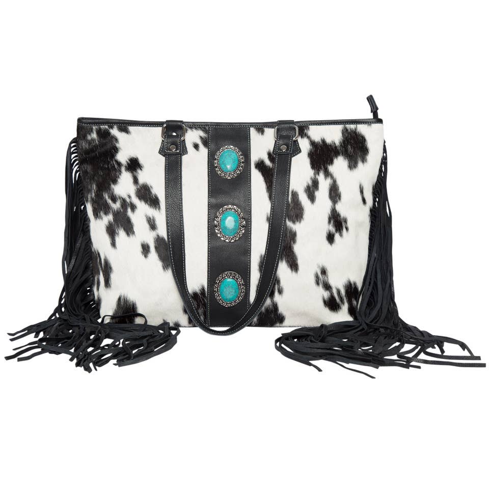 Cowhide Bag With Turq Stonework & Fringes- Langford - Black & White / With Fringe