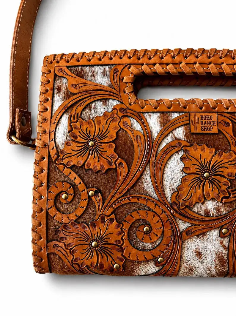 Boho Ranch Shop - Ericka Clutch -  Genuine Leather & Hair-on Cowhide - TAN