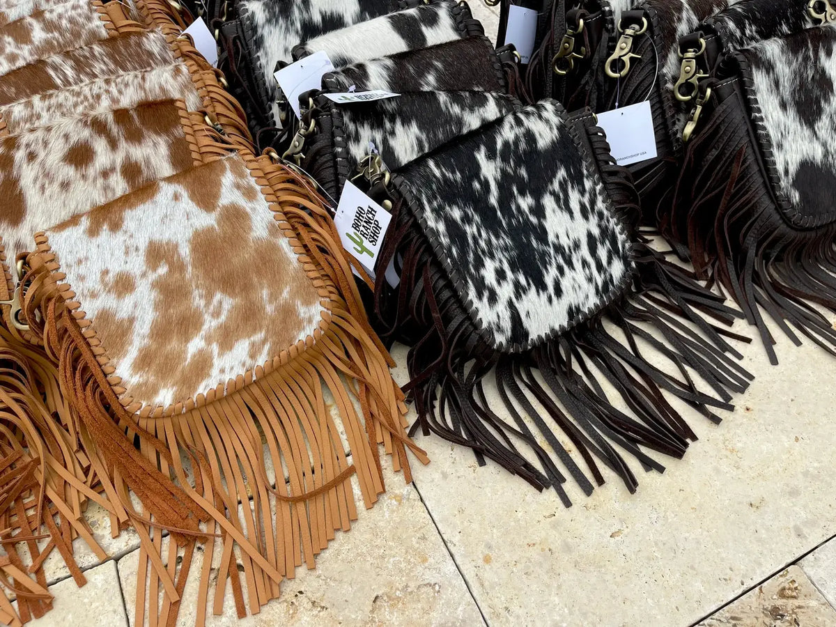 Boho Ranch Shop - The Kylie Crossbody - Genuine Hairon Cowhide - WHITE + GOLD SPECS