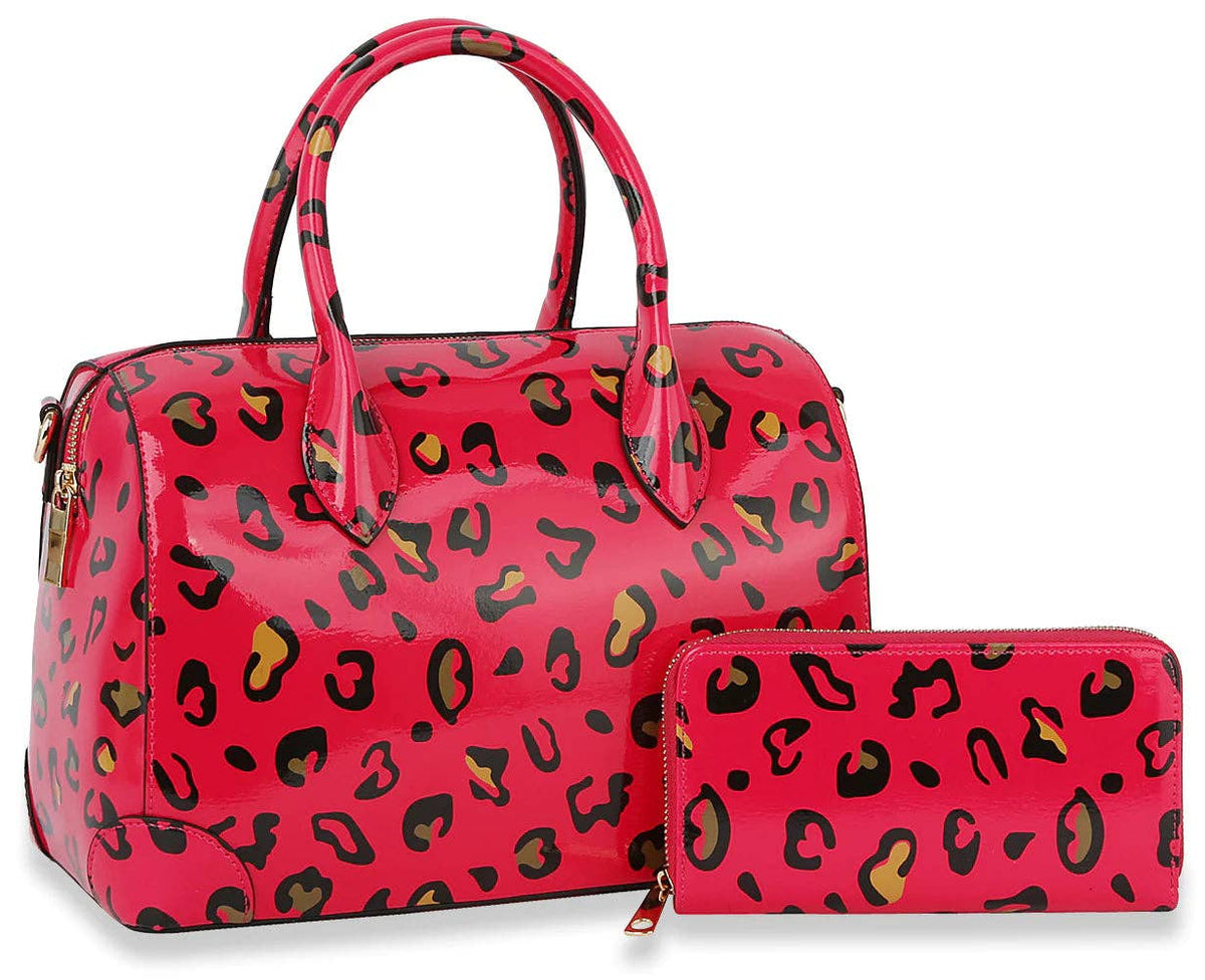 Leopard Art Print Satchel Handbag Set- Hot Pink