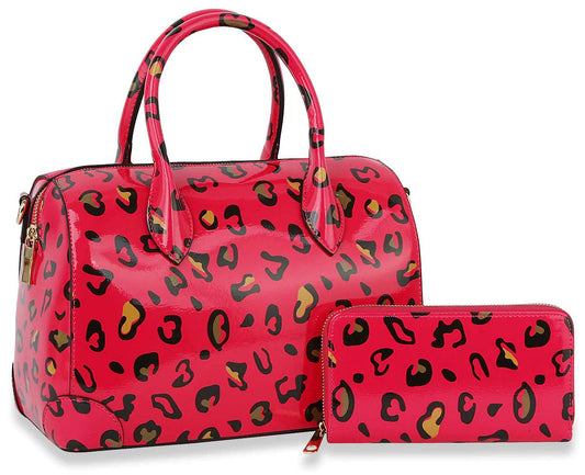 Leopard Art Print Satchel Handbag Set- Hot Pink