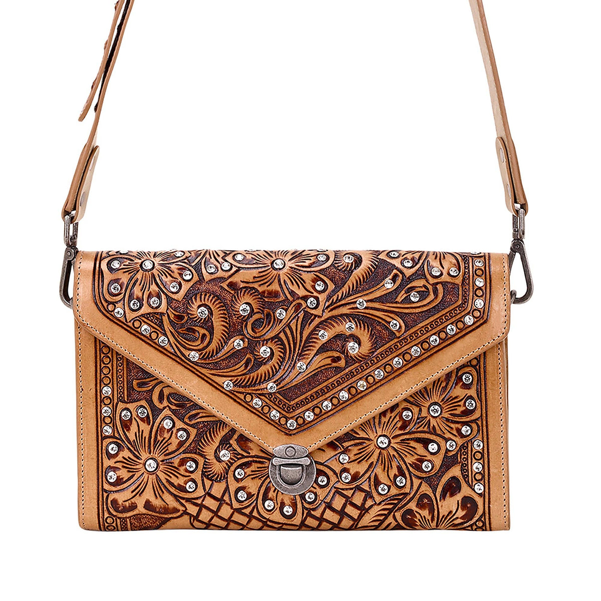 Myra Bag - Circe Hand Tooled Bag for Women in tan with rhinestones - Tan