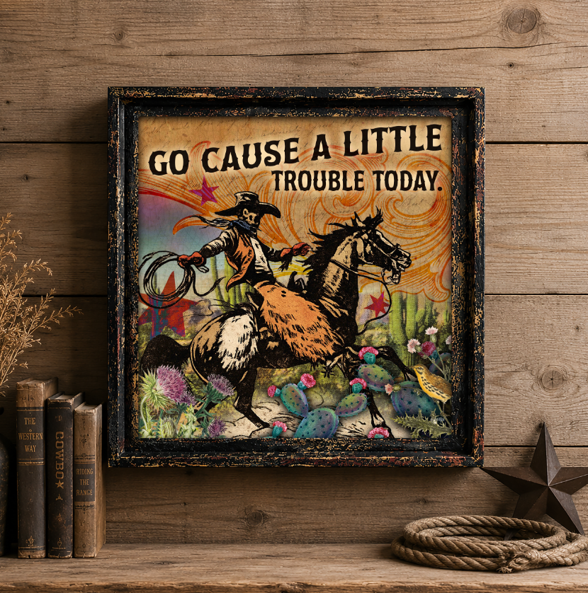 Cause a Little Trouble Cowboy - 24" Square Canvas