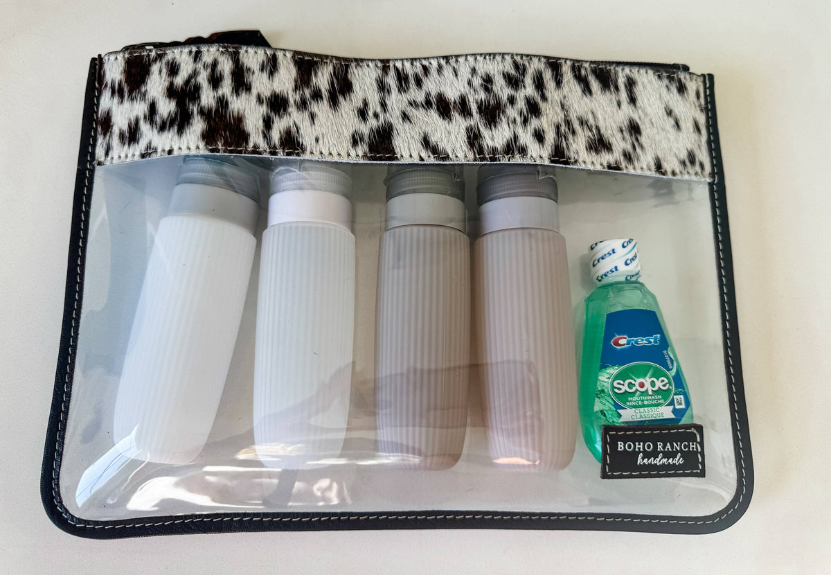 Boho Ranch Shop - Cowhide Clear Toiletry Makeup Bag, organizer Travel Pouch - BROWN + WHITE COWHIDE