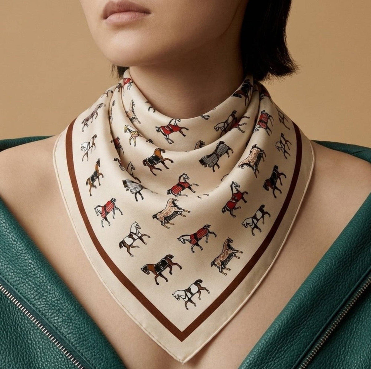 Ellison+Young - Equestrian Horse Print Satin Square Scarf - Classic Preppy - Preppy Green