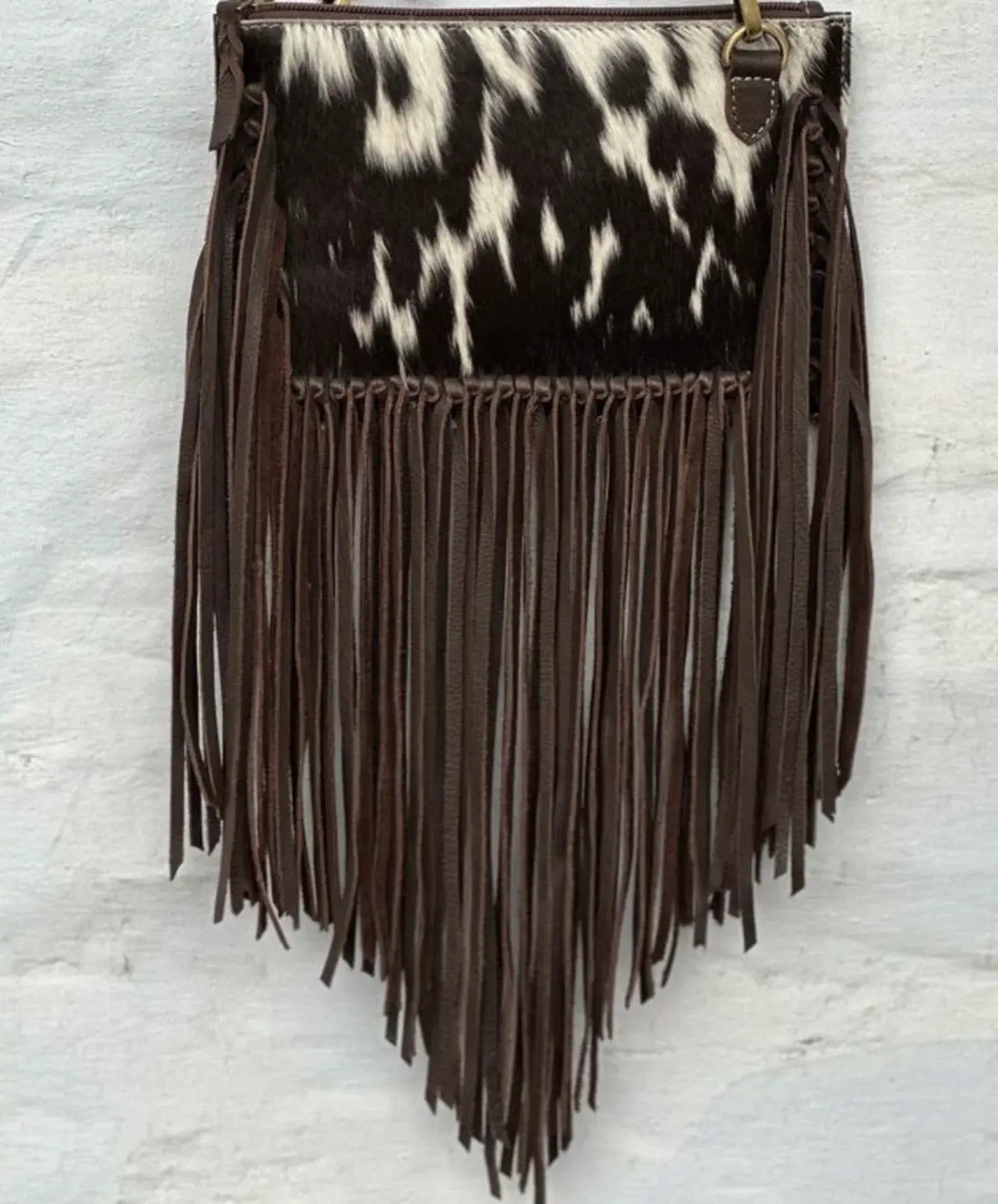 Boho Ranch Shop - THE JESSE CROSSBODY cowhide fringe tassel purse bag - BROWN LEATHER