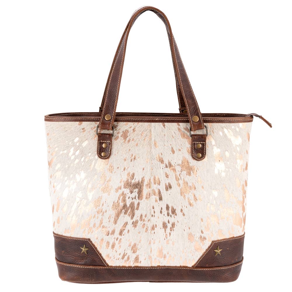 Sixtease Bags USA - Full Grain Leather & Acid Wash Cowhide Tote Bag - Women's - Tan/Gold