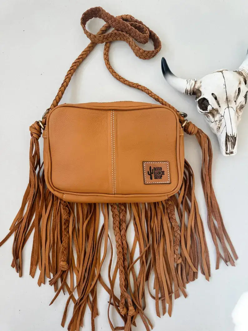 Boho Ranch Shop - THE MEGAN CROSSBODY cowhide Western Tooled Leather purse - TAN + WHITE COWHIDE