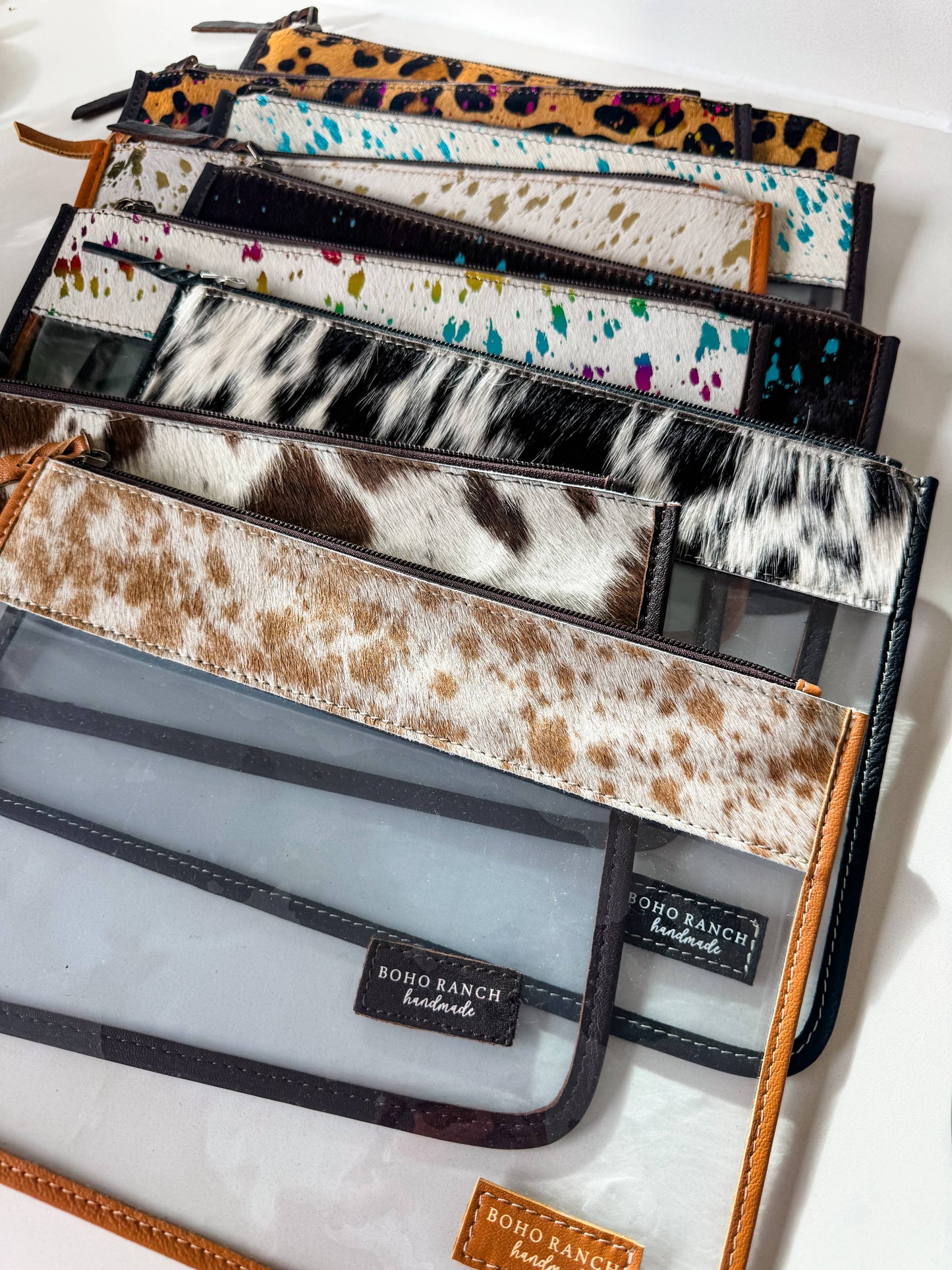 Boho Ranch Shop - Cowhide Clear Toiletry Makeup Bag, organizer Travel Pouch - BROWN + TURQUOISE