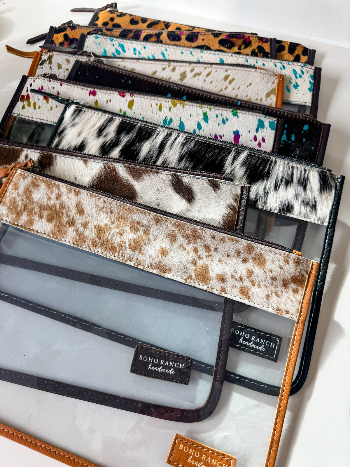 Boho Ranch Shop - Cowhide Clear Toiletry Makeup Bag, organizer Travel Pouch - BROWN + WHITE COWHIDE