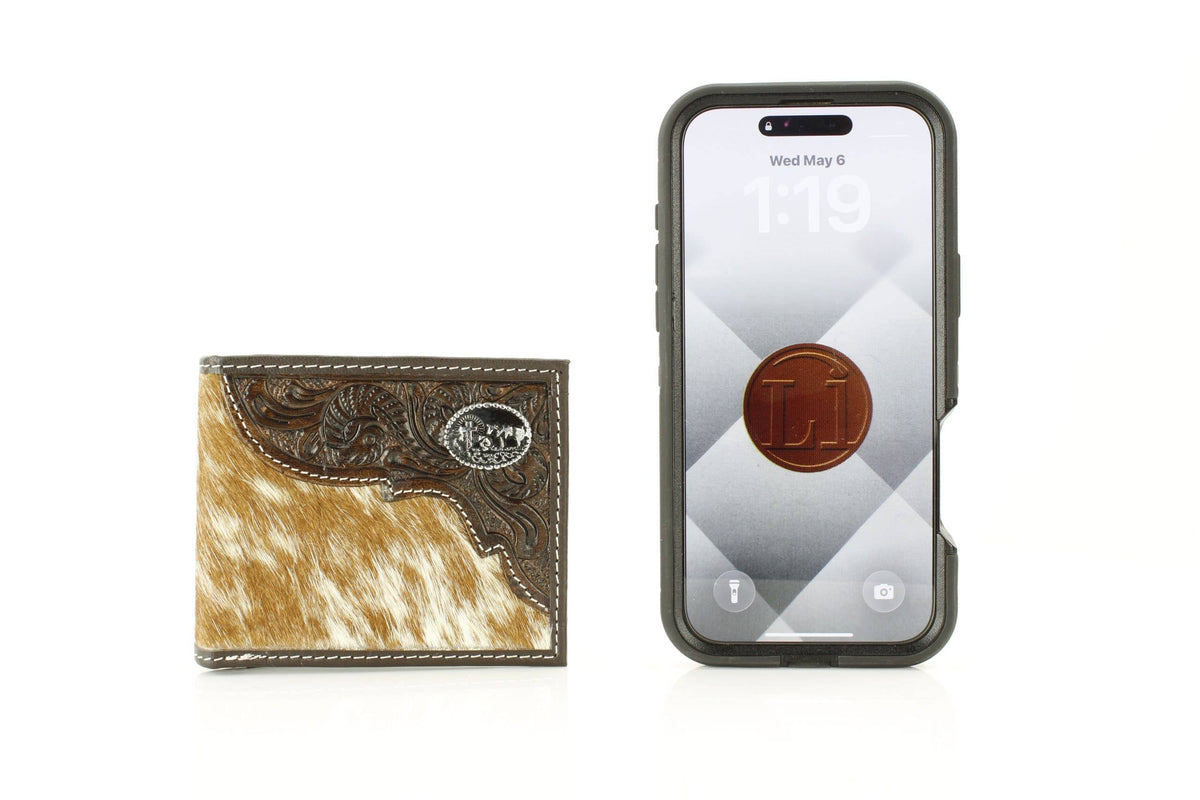 Leather Impressions Inc - Western Cowhide Bifold Wallet with Filigree Tooling & Concho - Long Horn