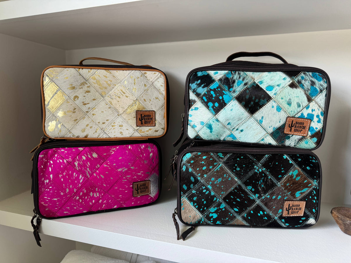 Boho Ranch Shop - MUA COWHIDE COSMETICS TRAVEL bag Genuine Leather makeup mua - TAN + WHITE COWHIDE