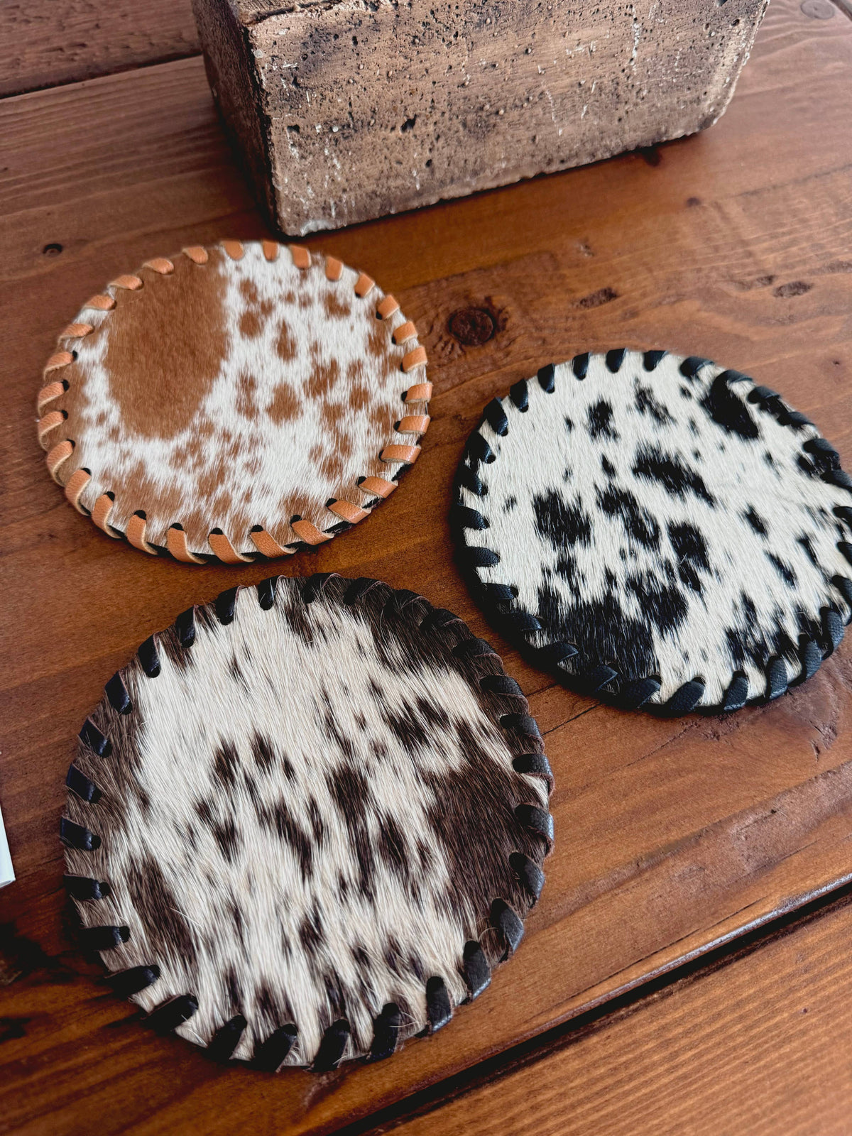 Boho Ranch Shop - Genuine Cowhide Leather Coasters P| Western Hair-On Hide - PLAIN - BLACK/WHITE