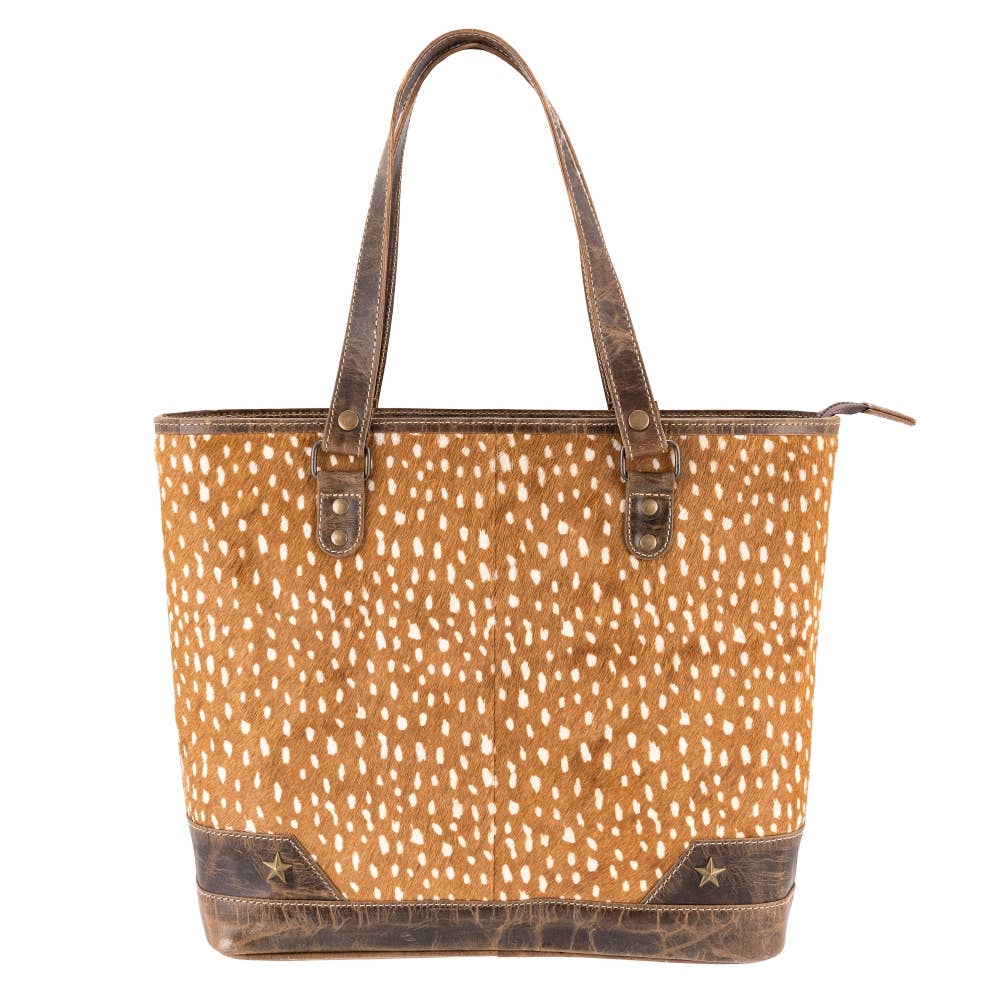 Deer Print Full Grain Leather & Cowhide Functional Tote Bag