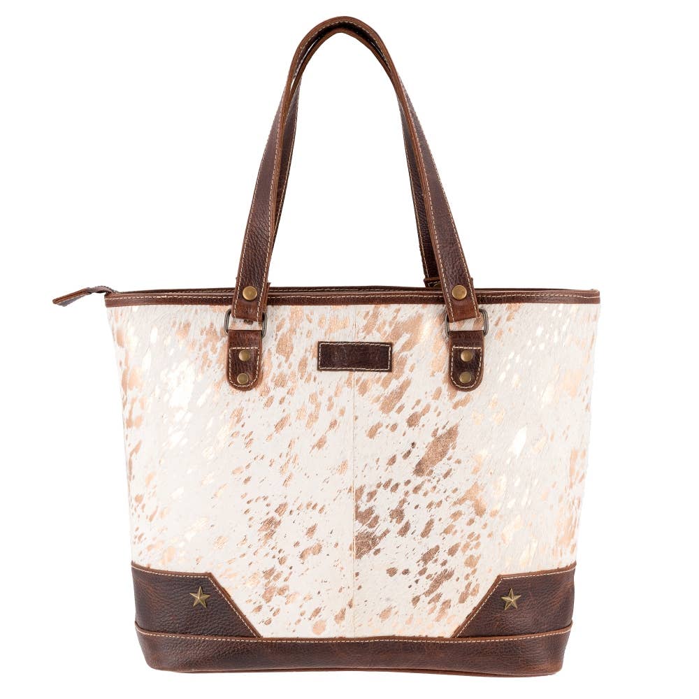 Sixtease Bags USA - Full Grain Leather & Acid Wash Cowhide Tote Bag - Women's - Tan/Gold