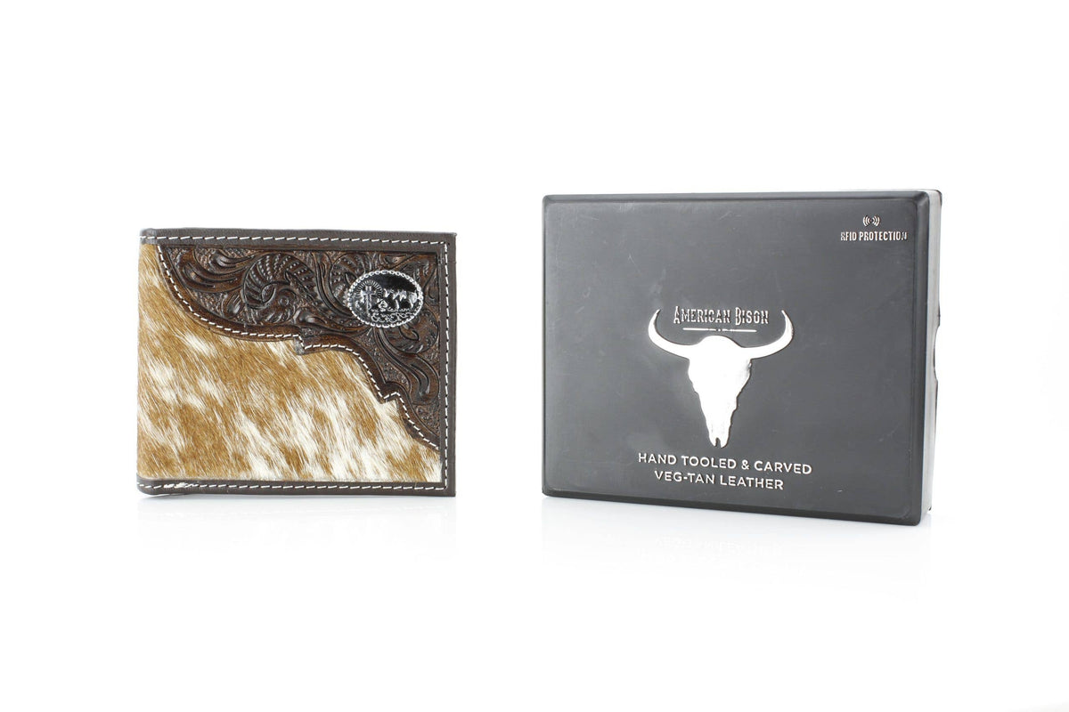 Leather Impressions Inc - Western Cowhide Bifold Wallet with Filigree Tooling & Concho - Long Horn