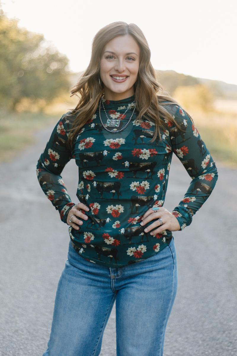 Sterling Kreek - Poinsettias on the Prairie Mesh Top - M