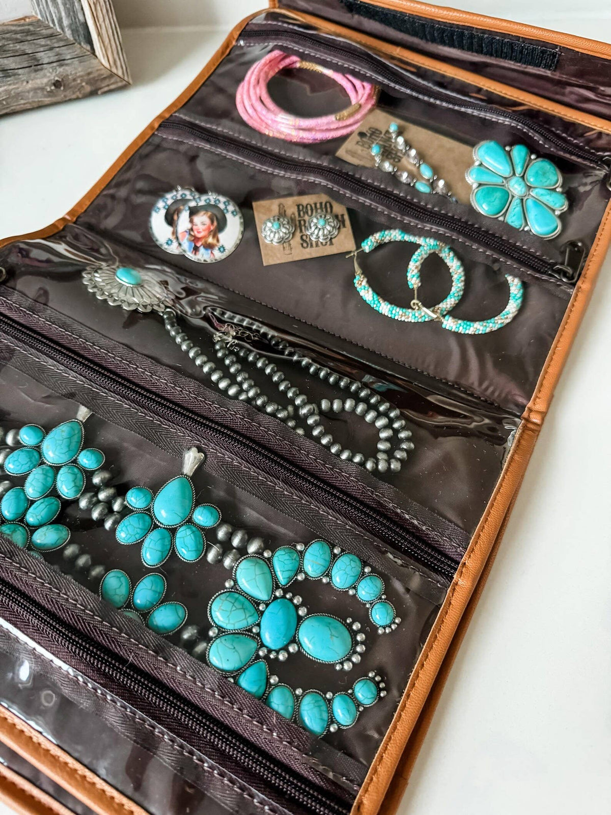 Boho Ranch Shop - BOHO LUXE FOLDABLE travel makeup jewelry bag Genuine Cowhide