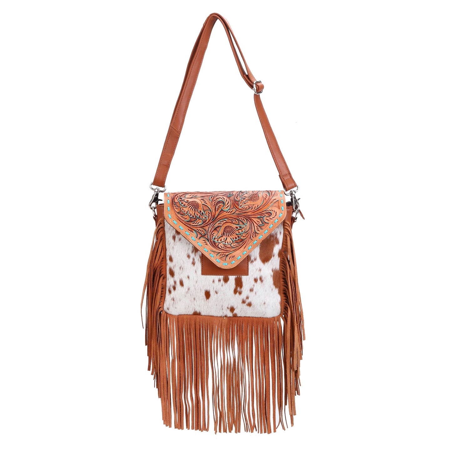 Leather Cowhide Western Hand Tooled Women Crossbody Bag - Tan Aztec with Turquoise Inlay