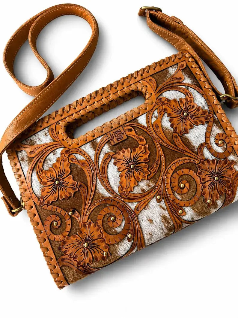 Boho Ranch Shop - Ericka Clutch -  Genuine Leather & Hair-on Cowhide - TAN