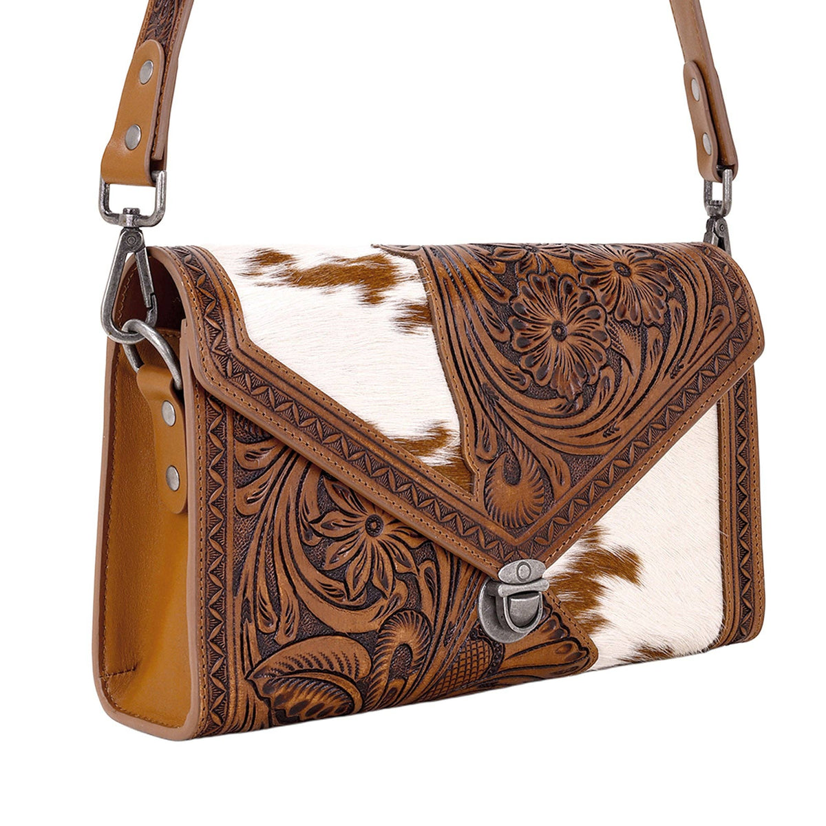Myra Bag - Circe Hand Tooled Bag for Women in tan with hairon - Tan