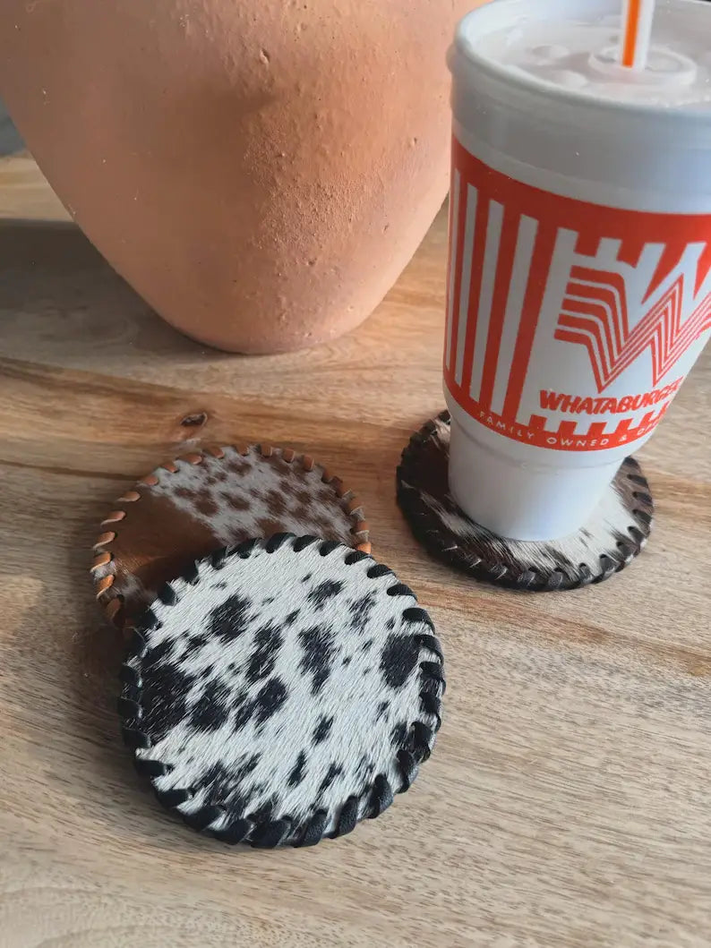 Boho Ranch Shop - Genuine Cowhide Leather Coasters P| Western Hair-On Hide - LONGHORN - BROWN/WHITE
