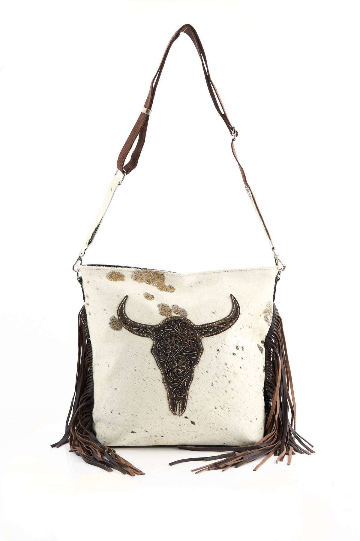 Hair on Hide Tote with Tooled Floral Bison Logo