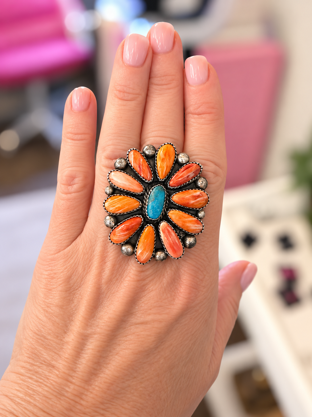 Anne Spencer Turquoise & Orange Spiny Cluster Ring