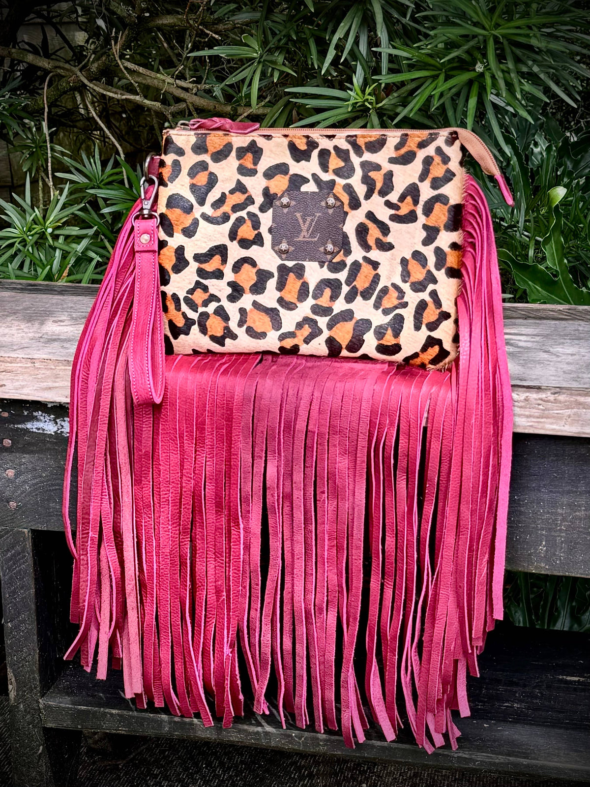Southern Junkie Gypsy Boutique - Upcycled LV Leopard Print Cowhide Leather Fringe Wristlet 