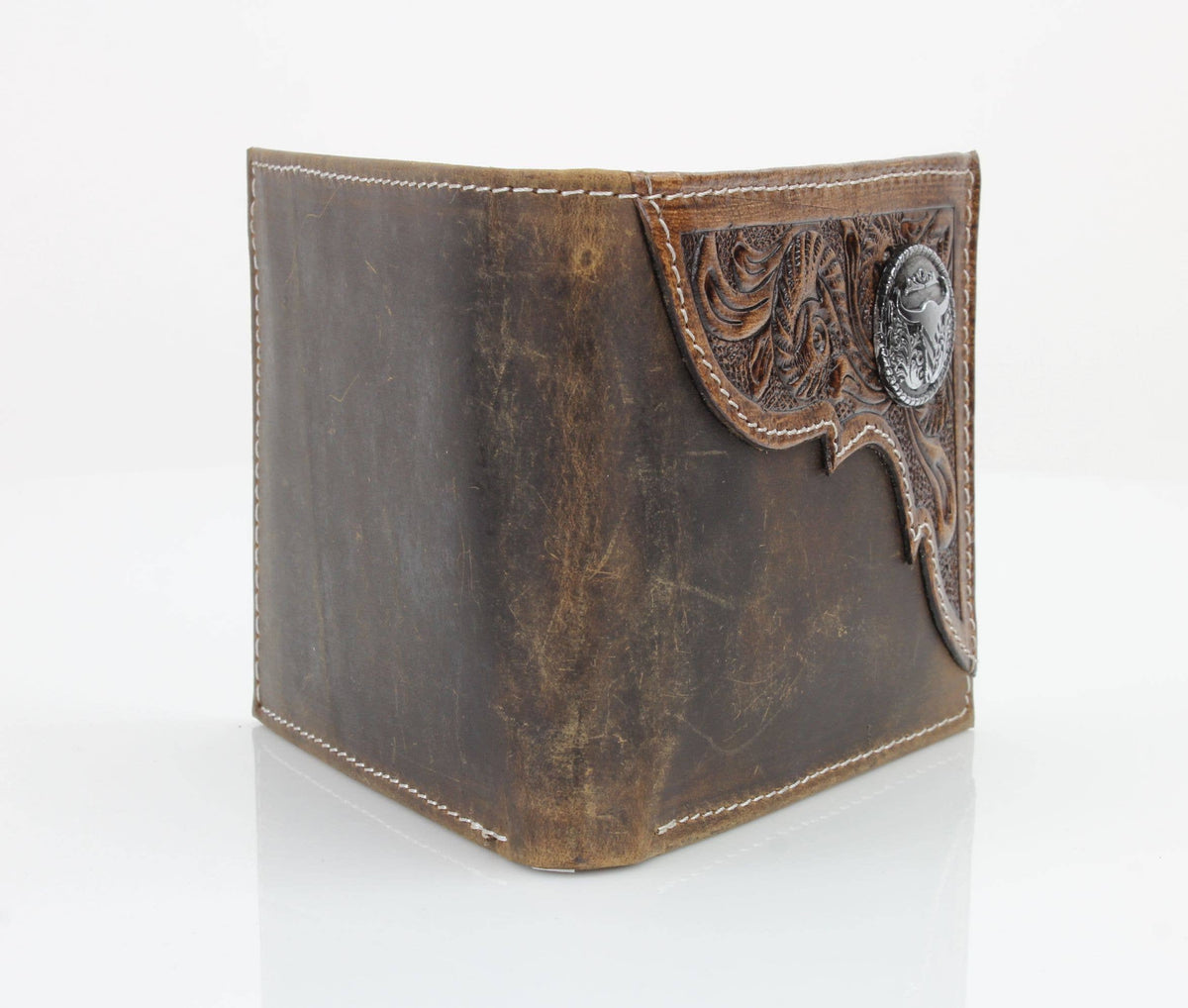 Leather Impressions Inc -  Oil Pull Up Bifold Wallet Long Horn Concho ABW028LGNHRN - Brown