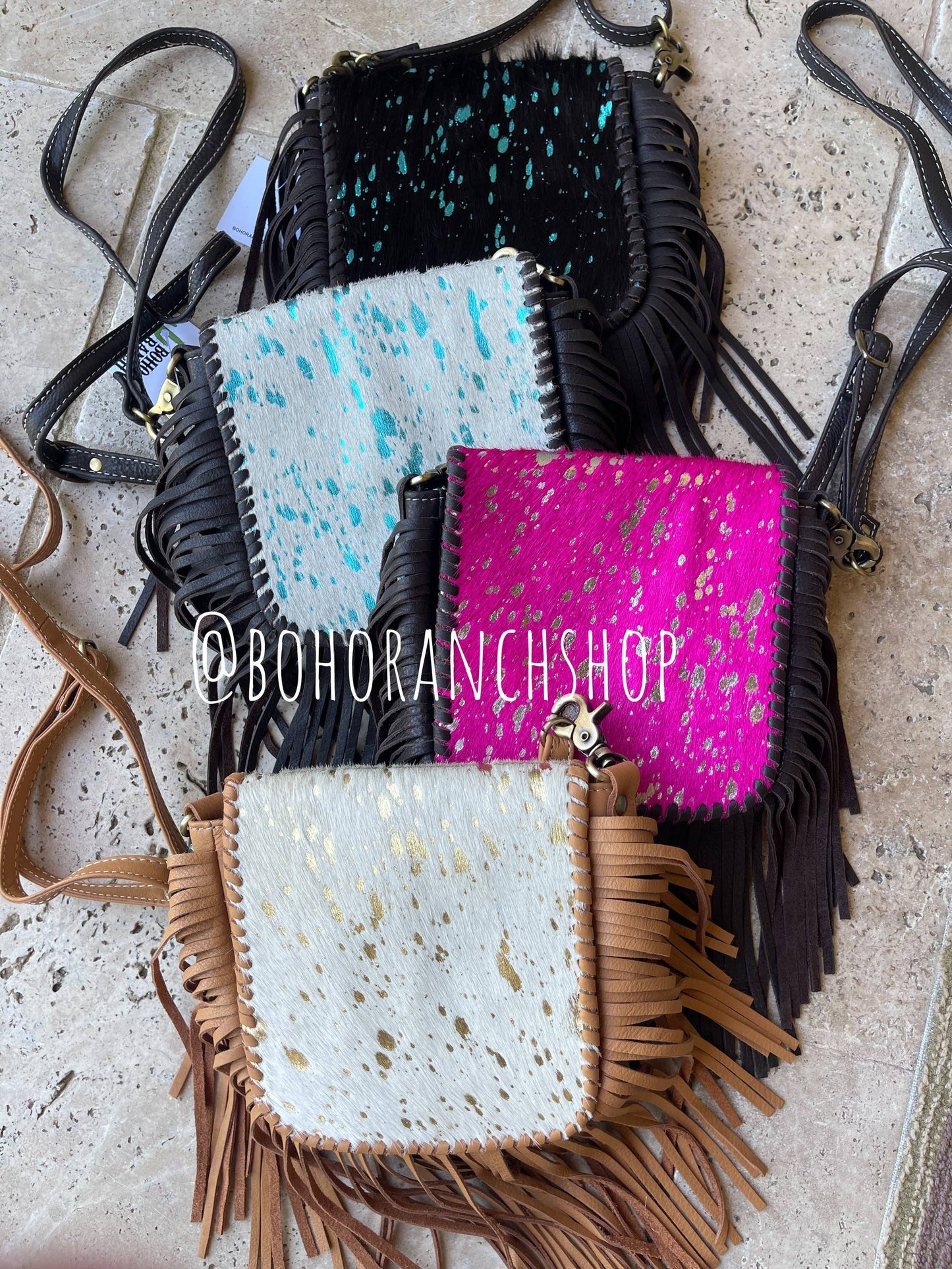Boho Ranch Shop - The Kylie Crossbody - Genuine Hairon Cowhide - WHITE + GOLD SPECS