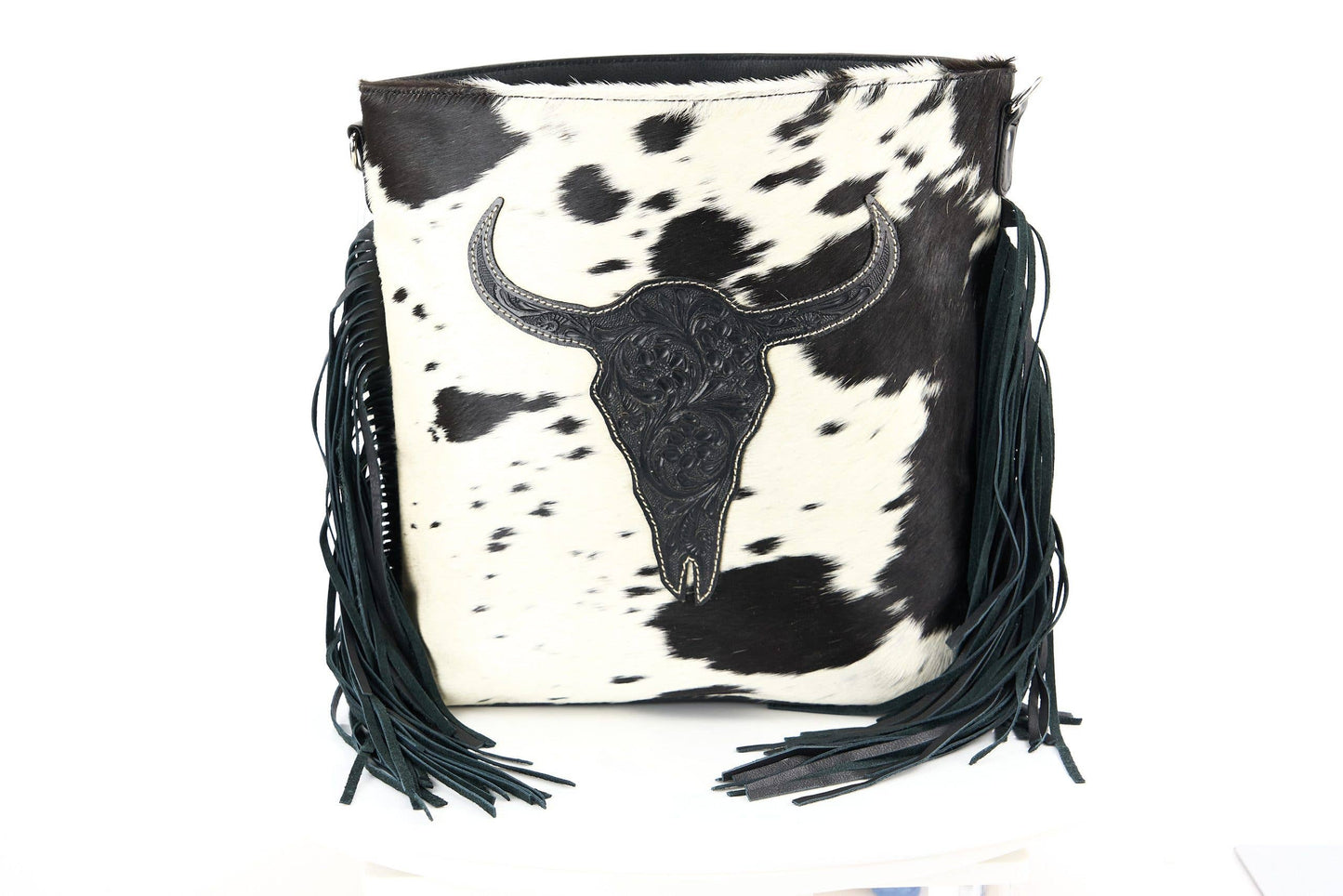 Hair on Hide Tote with Tooled Floral Bison Logo