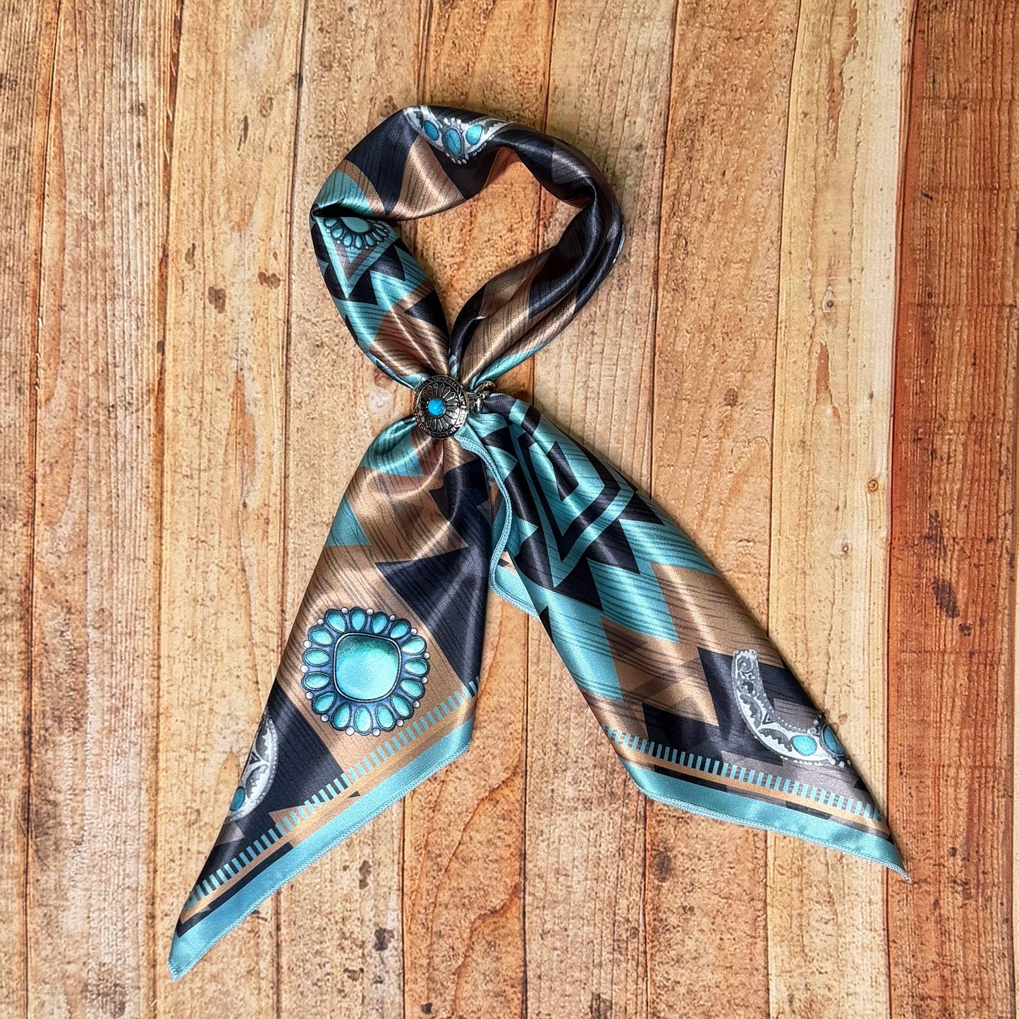 AZTEC PRINT SQUARE WILD RAG 36X36 - Teal/Mocha