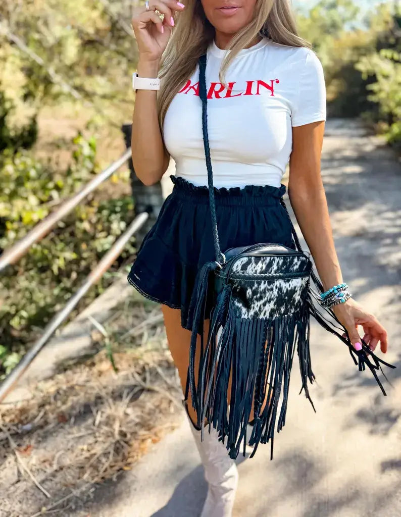 Boho Ranch Shop - THE MEGAN CROSSBODY cowhide Western Tooled Leather purse - TAN + WHITE COWHIDE