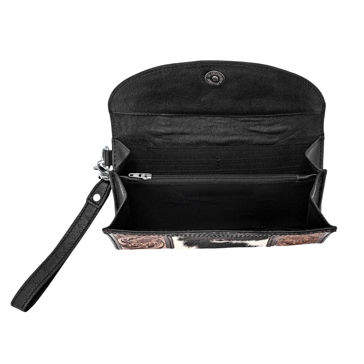 Myra Bag - Sandstone Trail Wristlet Wallet for Women in black with hair on and hand tooled steer skull - Black