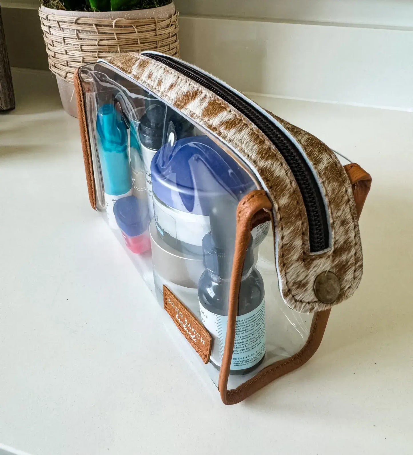 Boho Ranch Shop - Cowhide Clear Toiletry Makeup Bag, organizer, Travel - BROWN + TURQUOISE