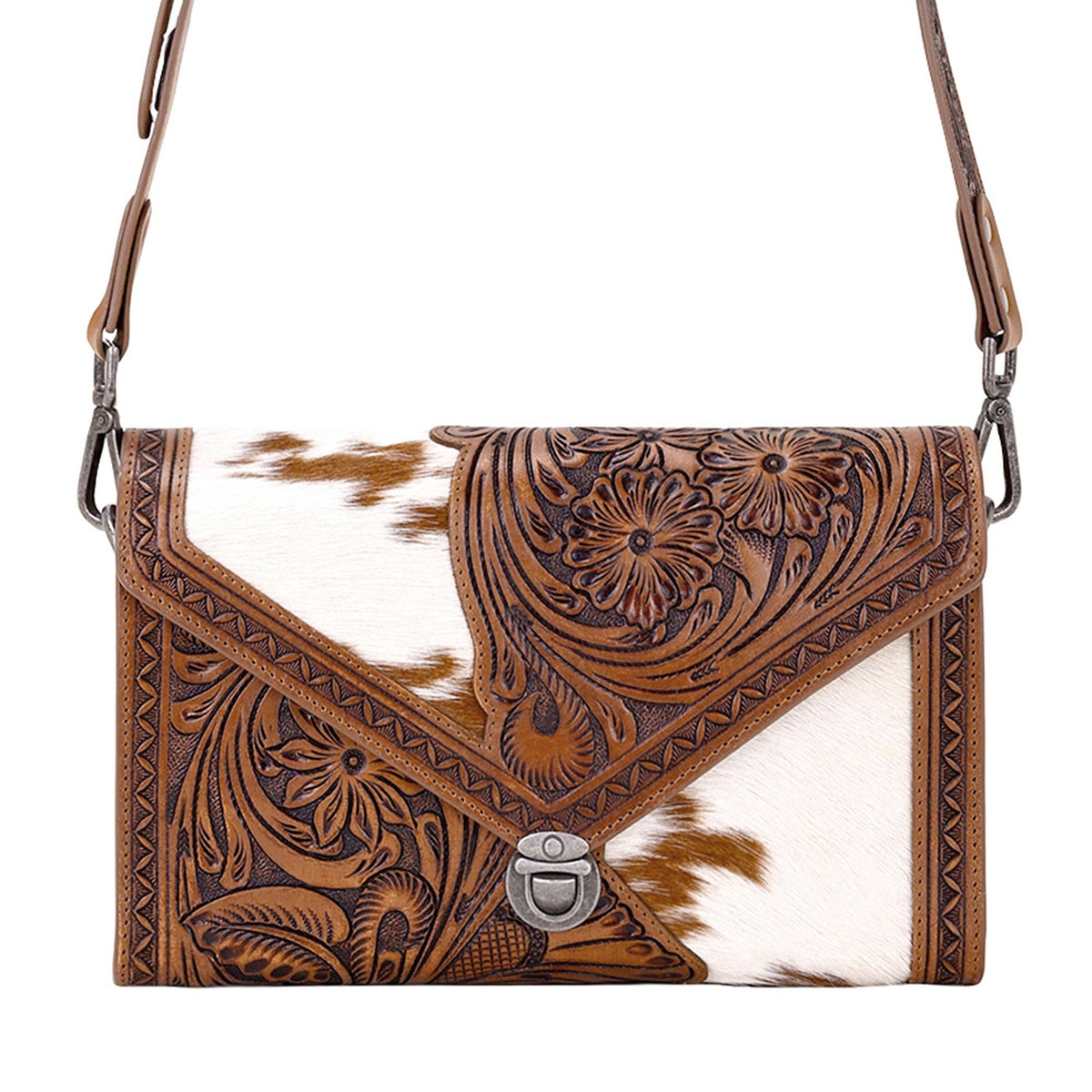 Myra Bag - Circe Hand Tooled Bag for Women in tan with hairon - Tan