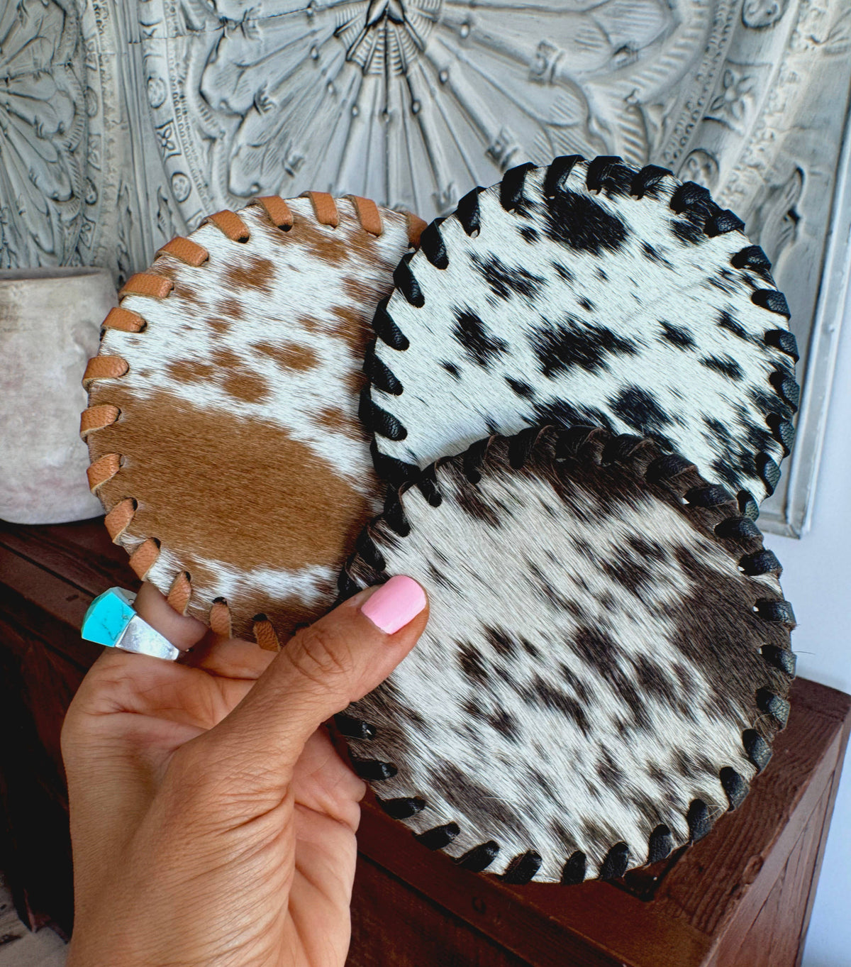 Boho Ranch Shop - Genuine Cowhide Leather Coasters P| Western Hair-On Hide - PLAIN - BLACK/WHITE