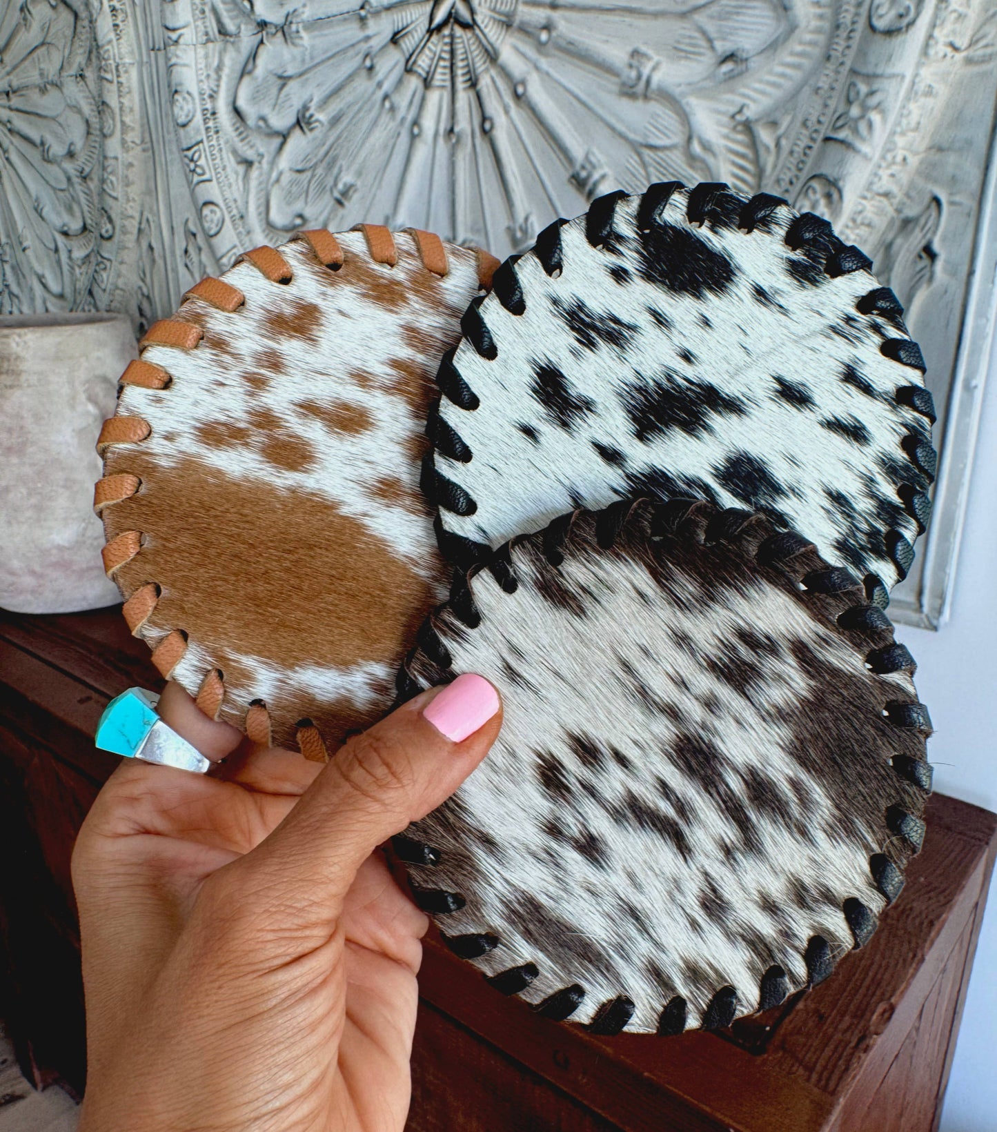 Boho Ranch Shop - Genuine Cowhide Leather Coasters P| Western Hair-On Hide - LONGHORN - BROWN/WHITE