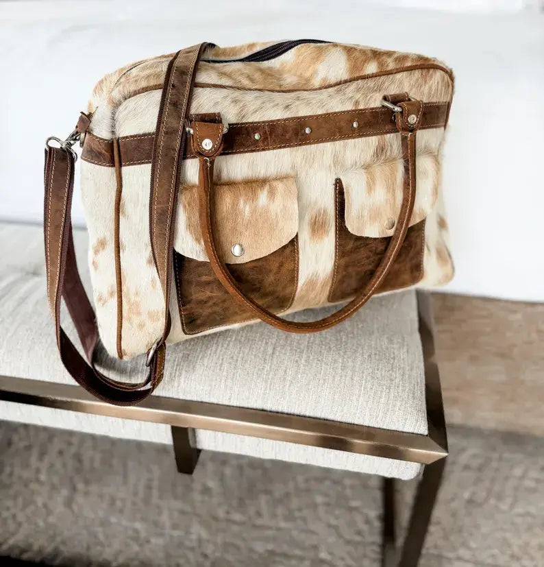 Boho Ranch Shop - Weekender Duffle Leather Hair On Cowhide Duffel Travel Bag - Brown +White Cowhide