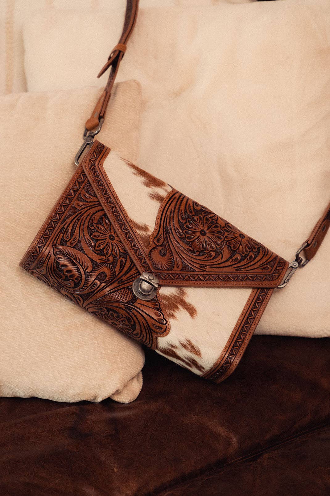 Myra Bag - Circe Hand Tooled Bag for Women in tan with hairon - Tan