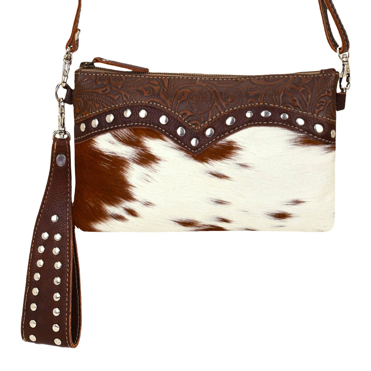 Myra Bag - Ocotillo Belt Bag for Women in brown with hair on cowhide and studs - Brown