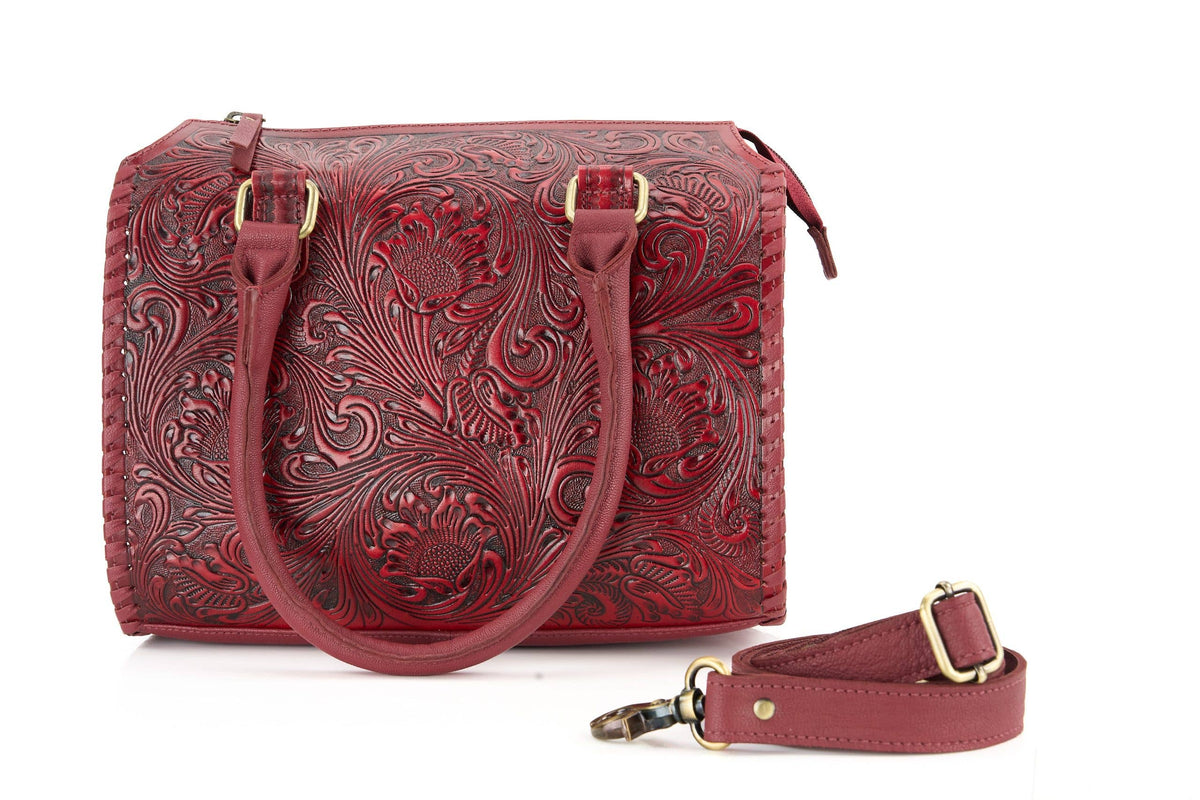 Leather Impressions Inc - Red Tooled Leather Barrel Bag – ABHB 18-26113