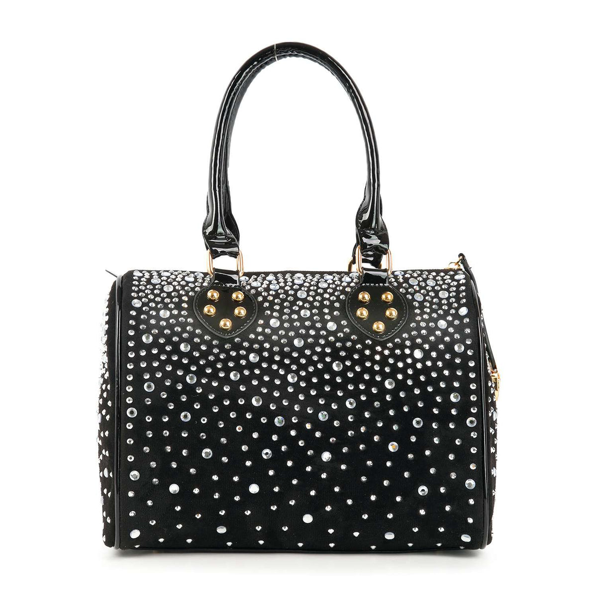 Rhinestone Covered Locked Satchel Handbag - Black