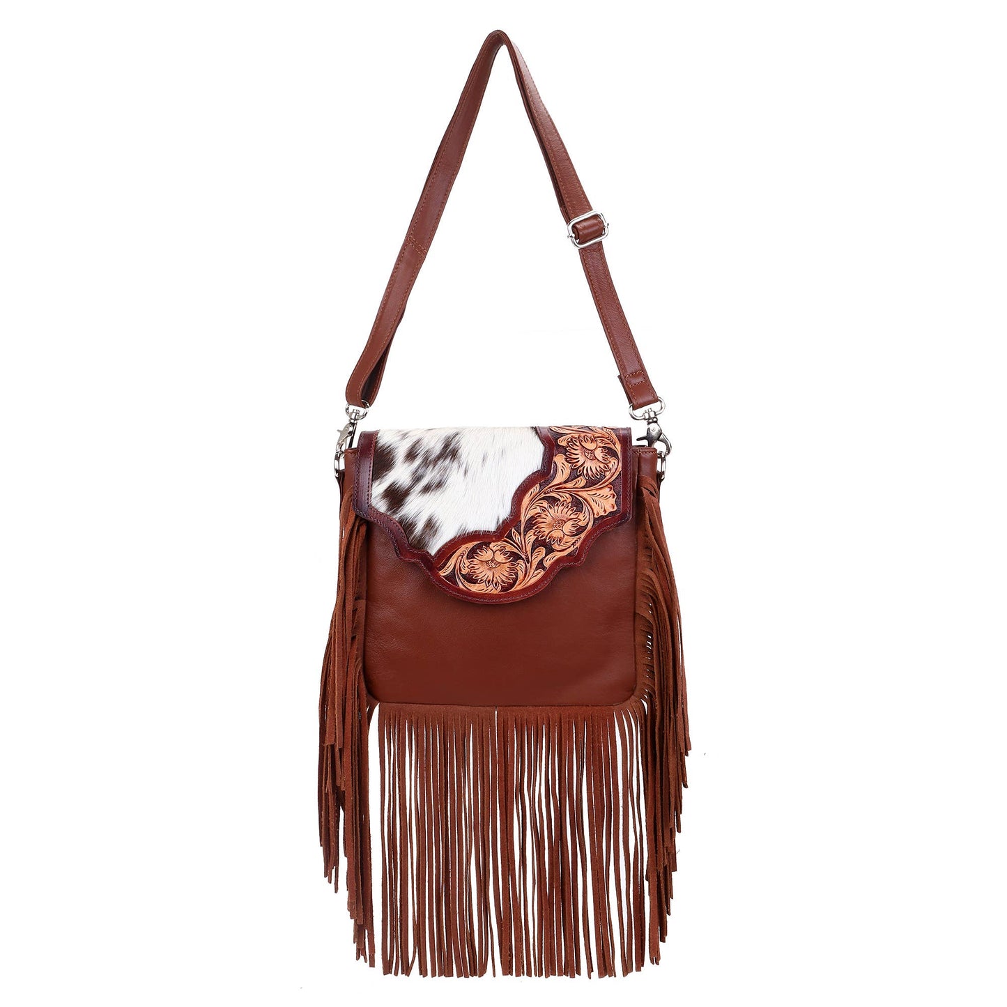 Leather Cowhide Western Hand Tooled Women Crossbody Bag - Tan Aztec with Turquoise Inlay