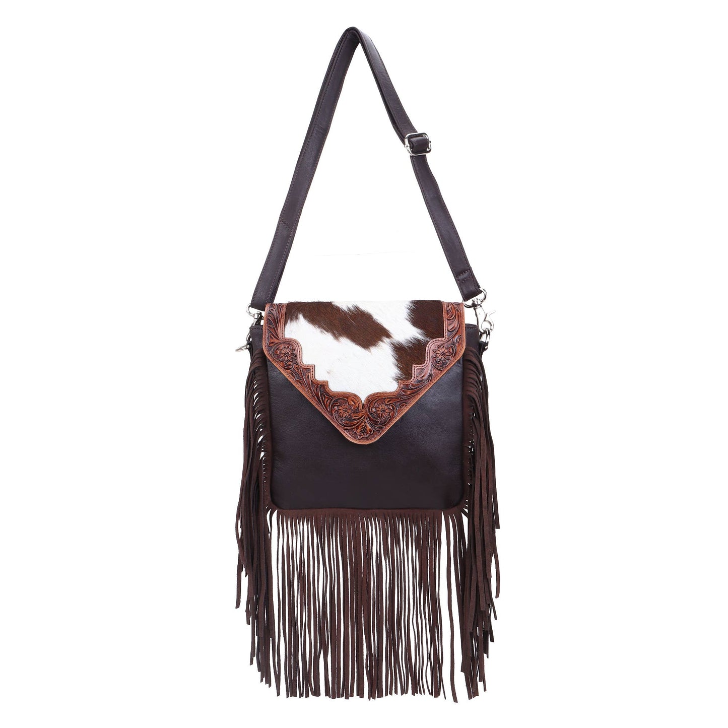 Leather Cowhide Western Hand Tooled Women Crossbody Bag - Tan Aztec with Turquoise Inlay