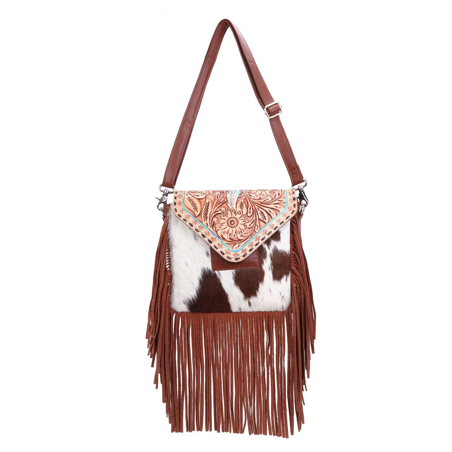 Leather Cowhide Western Hand Tooled Women Crossbody Bag - Tan Aztec with Turquoise Inlay