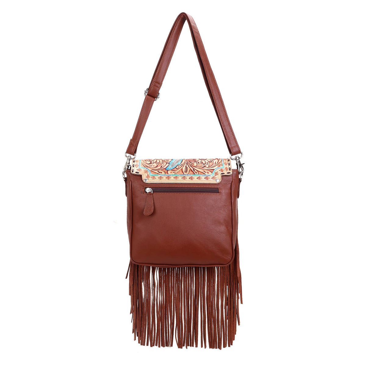 Leather Cowhide Western Hand Tooled Women Crossbody Bag - Tan Aztec with Turquoise Inlay