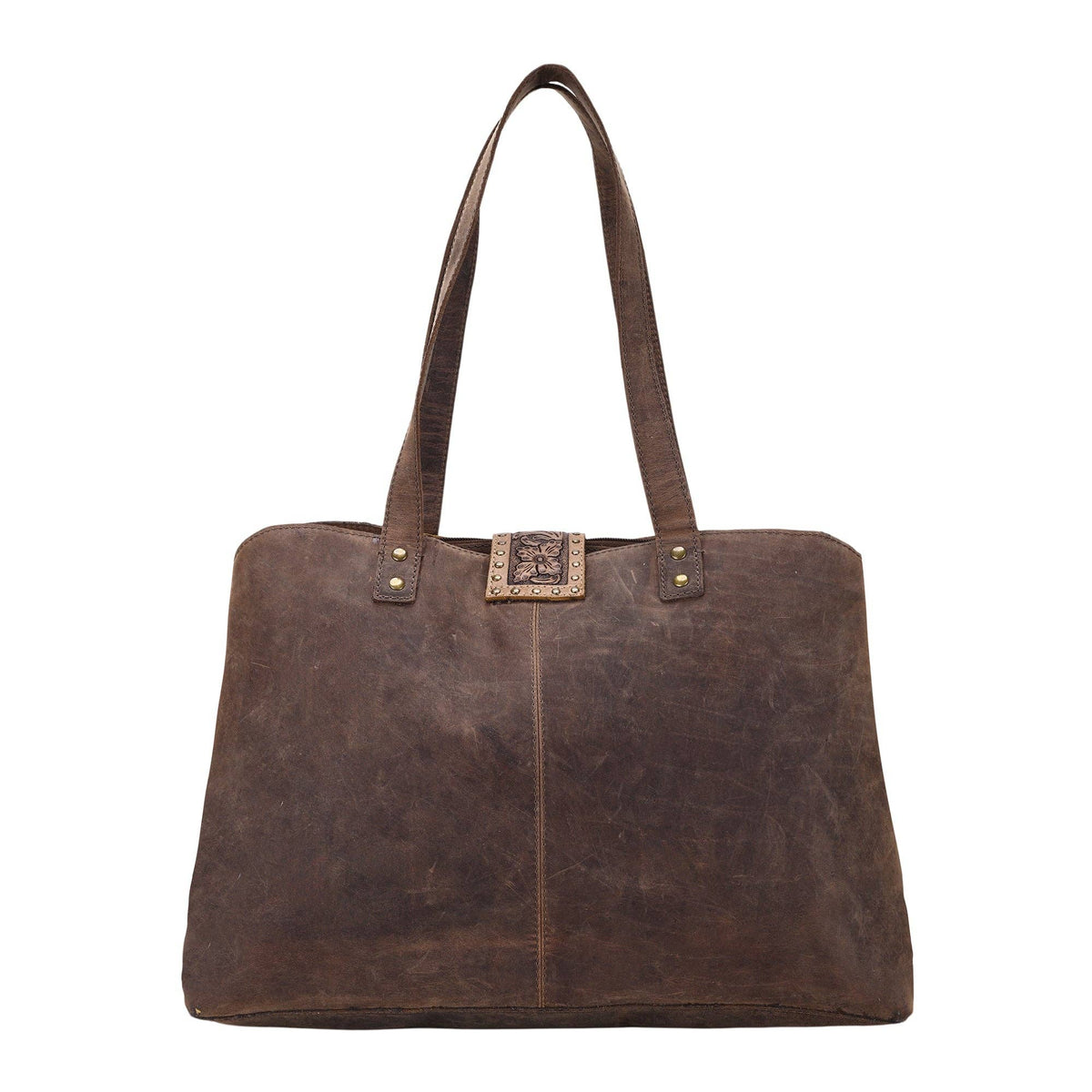 Myra Bag - Thornbluff Laptop Bag in brown with hair on and hand tooled flap - Brown